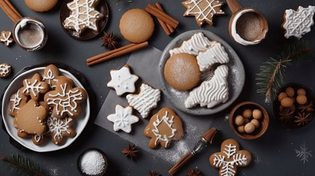 Christmas cookies in the form of snowflakes on a dark background.の素材