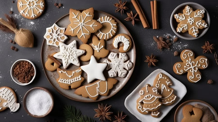 Christmas gingerbread cookies in the form of stars and snowflakes on a dark background.の素材