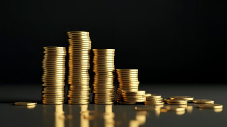 Stacks of gold coins on black background. Business and finance concept.の素材