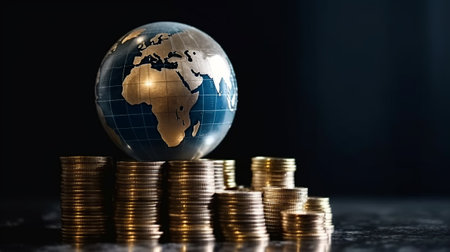 Globe and coins on a dark background. Global business and finance concept.の素材