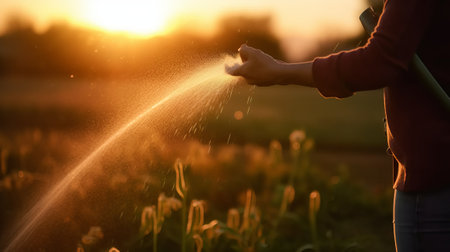 Woman watering the field with a sprinkler at sunset, close upの素材