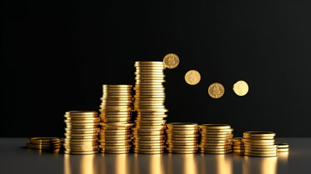 Golden coin stack on black background, business and finance concept idea.の素材