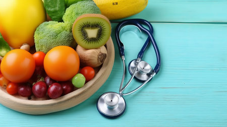 Healthy food with stethoscope on blue wooden table, top viewの素材