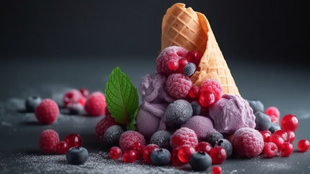Frozen berries in ice cream cone with fresh berries on dark backgroundの素材