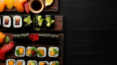 Sushi set on black wooden background, top view. Space for textの素材