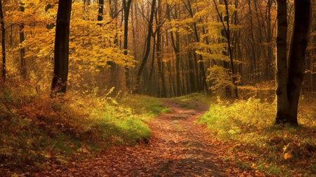 Path in autumn forest. Panoramic view of autumn forest.の素材