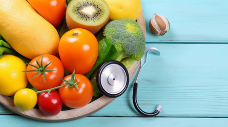 Healthy food and stethoscope on wooden table. Diet conceptの素材