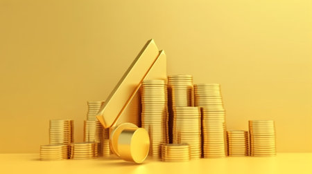 Golden coin stack with percent sign on yellow background. 3d renderの素材