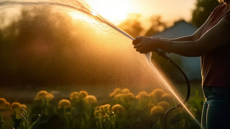 Woman watering the lawn at sunset. Selective focus. nature.の素材