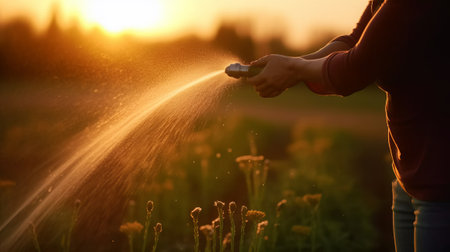 Woman watering dandelion field with sprinkler at sunset, closeupの素材