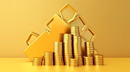 golden house and coins isolated on yellow background. 3d illustrationの素材