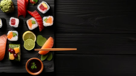 sushi set on black wooden background, top view, copy spaceの素材