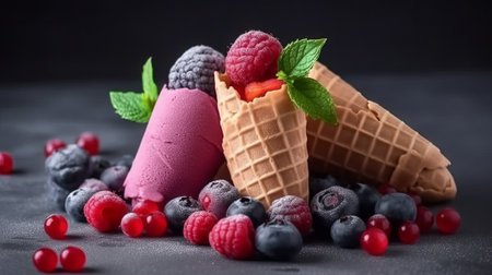 Ice cream with berries in waffle cones on a black background.の素材