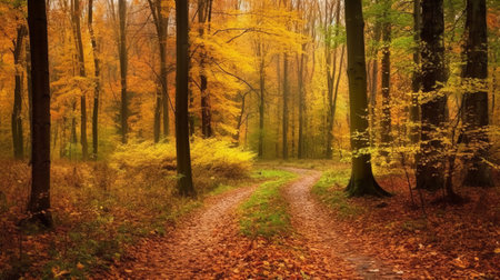 Autumn landscape in the forest with colorful trees and dirt road.の素材