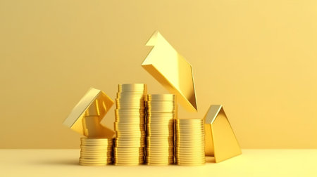 Gold coins stack with arrow up on yellow background. 3d renderの素材