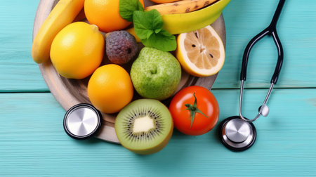 Fresh fruits and vegetables with stethoscope on blue wooden table, top viewの素材