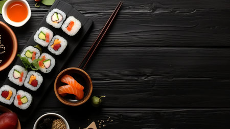 Sushi set on black wooden table, top view with space for textの素材