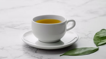 Cup of green tea on white marble background. Copy space.の素材