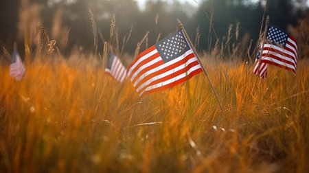 American flag in a field of tall grass. Independence Day, Memorial Dayの素材