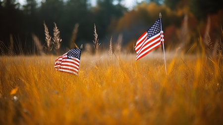 American flag on a field of wheat in the rays of the setting sunの素材