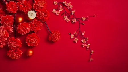Chinese New Year decorations on red background. Festive concept. Top view.の素材