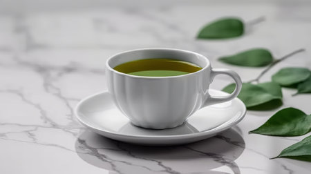 Green tea in a white cup on a white marble background. Close-up.の素材