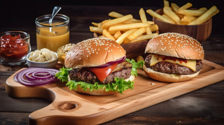 Cheese burger - American cheese burger with Golden French fries and fresh saladの素材