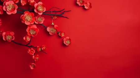 Chinese New Year background, red plum blossom on red background.の素材
