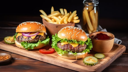 Delicious hamburger with french fries and ketchup on wooden tableの素材