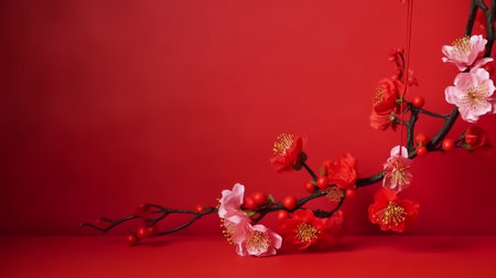 Plum blossom and hibiscus branch on red backgroundの素材