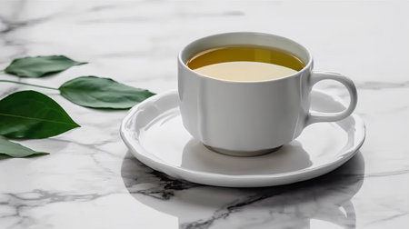 Cup of green tea with green leaves on white marble table.の素材