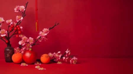 Chinese New Year decoration on a red background with space for text.の素材