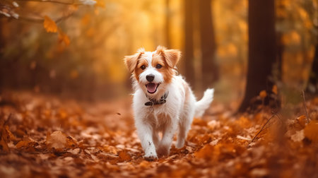 Jack Russell Terrier running in the autumn forest. Pet animals.の素材