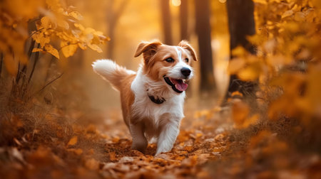 Portrait of a cute purebred dog in the autumn forest.の素材