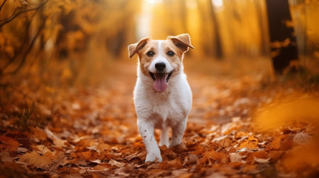 Cute dog in the autumn park. Pet in the autumn forest.の素材