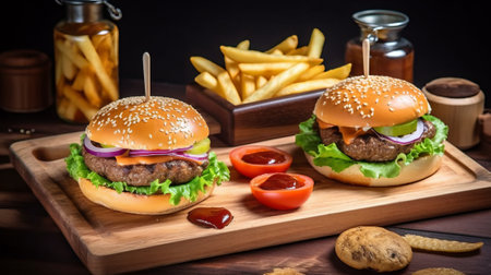 Delicious hamburger with french fries and ketchup on wooden boardの素材