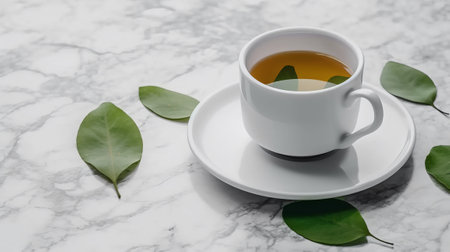 Cup of green tea with leaves on white marble table, stock photoの素材