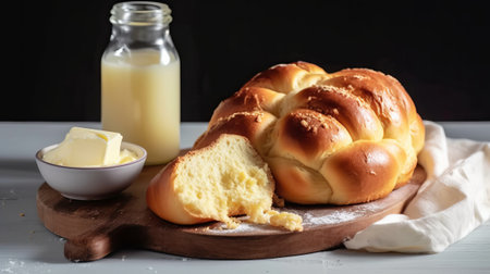 Sweet braided bread with butter and milk on a wooden board.の素材
