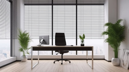 Modern office interior with panoramic window and city view. 3D Renderingの素材