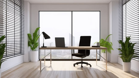 Interior of modern office with white walls, wooden floor, white computer table with black chairs and panoramic window with city view. 3d renderingの素材