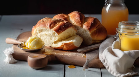 Homemade buns with butter and honey on a wooden table.の素材