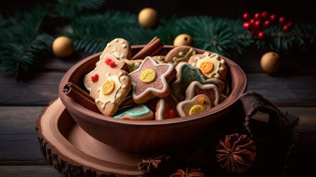 Christmas gingerbread cookies in a wooden bowl on a dark background.の素材