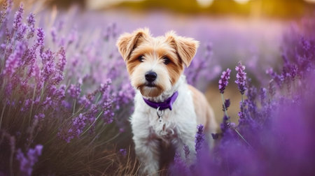 Cute Jack Russell Terrier puppy in the lavender field.の素材