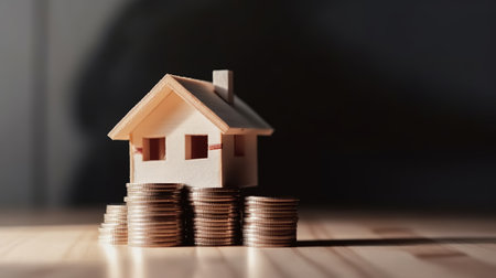 Real estate and property investment concept. House model and stack of coins.の素材