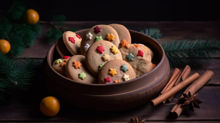 Christmas cookies in the shape of a snowman on a wooden backgroundの素材