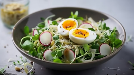 Healthy salad with radish, egg and sprouts in a bowlの素材