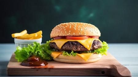 Cheese burger - American cheese burger with Golden French fries on wooden boardの素材