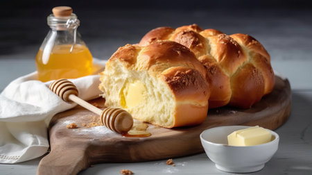 Sweet braided bread with butter and honey on a wooden board.の素材