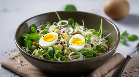 Green salad with chickpeas, radish, pea sprouts and egg in a bowlの素材