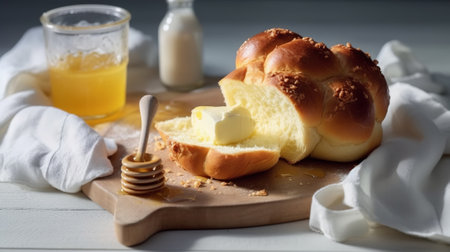 Breakfast with sweet buns, honey and butter on white wooden tableの素材